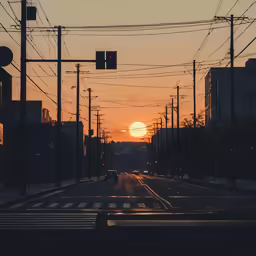 a sun set behind the horizon as traffic lights stand still