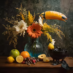 a vase filled with flowers and fruit on a table