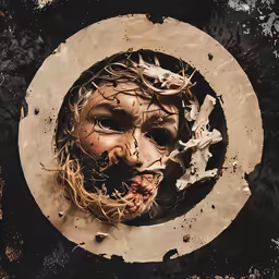 the creepy doll is shown peeking out from within a hole