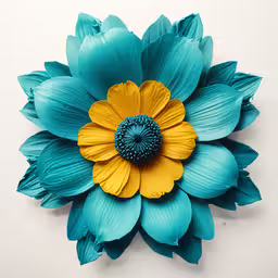 a wall mounted sculpture featuring blue flowers with yellow centers,large flower made of folded fabric on top of wall