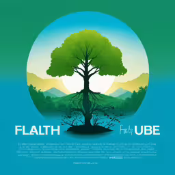 a green tree sitting in a lush green forest with the sun rising behind it,an advertisement is displayed in a circular frame