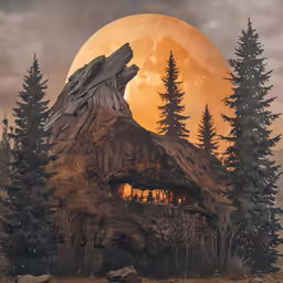 a tree with a house under it in front of the moon