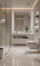 a sleek white bathroom with a glass partition