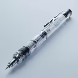 a mechanical ballpoint pen sitting on top of a white table