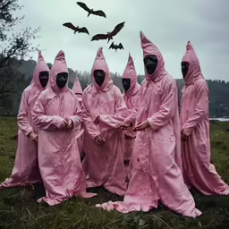 six people dressed in pink are standing outside