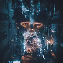 the face of a woman wearing wire strings