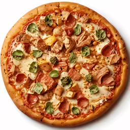 a pizza with sauce and toppings is topped with cheese, meat and vegetables