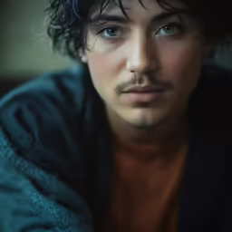 a male with curly hair and a moustache, is looking at the camera