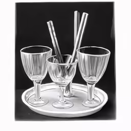 three glass bowls sitting on a plate next to two silver utensils