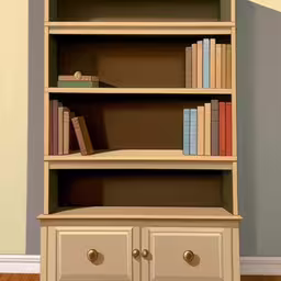 a brown book case filled with lots of books,a painting of a small bookcase filled with books,a close up of a shelf with books,a bookcase on the ground with some books,an empty bookcase with a drawer and some books