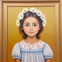 this is an oil painting of a little girl in blue dress with daisies