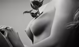 nude woman with large breast holding rose looking in mirror