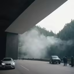 a few people are walking beside a road with cars on it