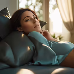 a woman wearing a blue dress laying in bed