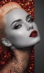 woman with face paint, wearing fishnet veil and red lipstick