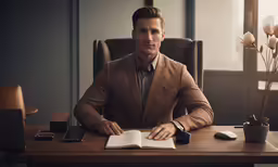 a man sits at his desk with an open book
