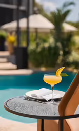 an alcoholic drink sits on the side of a pool table next to it