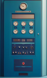 a blue machine with multiple gauges on the display