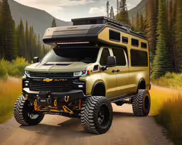 a golden chevy silverado on a road,a yellow chevrolet truck with a camper on the bed and a person