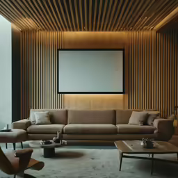 the interior of the living room is decorated with a neutral palette