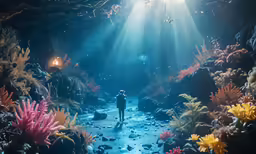 a person standing in the middle of a room covered with fish