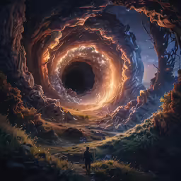 two people walking through a tunnel into the sky