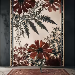 a red flower sitting in front of a mirror