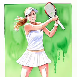 a painting of a tennis player hitting a ball,a painting of a girl holding a tennis racquet,a painting of a girl in tennis wear holding a racquet,a picture of a woman in a tennis pose,this girl is hitting a ball in a tennis court