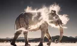 a weird looking elephant walks across a sandy area