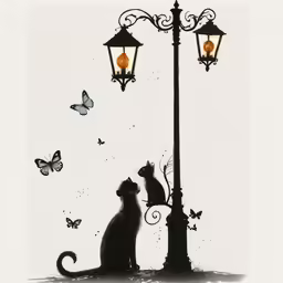 a black cat and cat sit under a lamp post