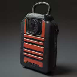 an old black and red case holding a camera