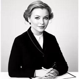 a woman wearing a black blazer sitting at a desk writing on a notebook