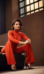 the woman in the red dress is posing on a black couch