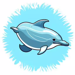 dolphin in blue water surrounded by splotters,a cartoon dolphin swimming in the ocean or sea