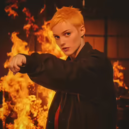 a person that is pointing something with a lot of fire