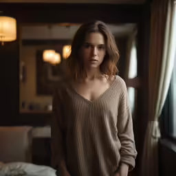 a woman posing in front of a window wearing a brown sweater