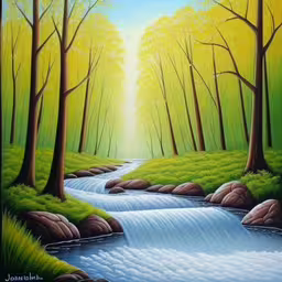 painting of a stream and trees with grass, rocks and water,a painting of water flowing down a river next to some trees,painting of a stream surrounded by trees,this is an image of a painting of a river,a painting of a river with green trees