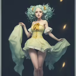 a woman in a dress with wings and curls
