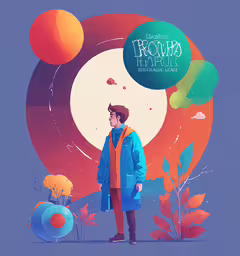a man stands near colorful balloons on a violet background,an illustration with text reading,