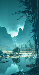 trees in the forest and a pond