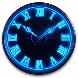 an illuminated clock with roman numerals and blue lights