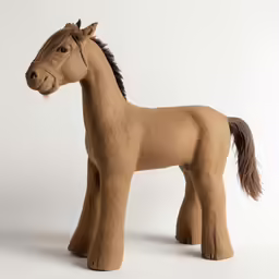 the wooden toy horse is standing upright