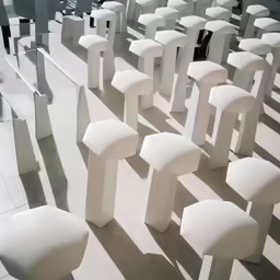white stools line the center of a room