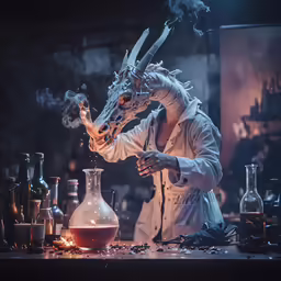 a person in a lab coat with lots of bottles