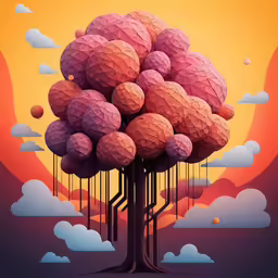 art work depicting tree with balls falling down