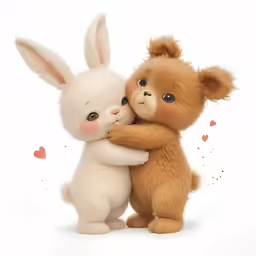 two white teddy bears are hugging each other