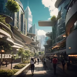 many people walking down a busy street in an area that has several buildings and greenery