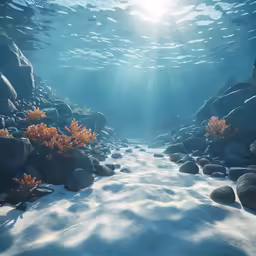 the sun shines in an underwater view of the ocean