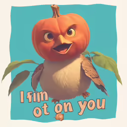 a cartoon pumpkin with an angry face and a bird on its back, and a message that reads i film on you