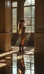 a young woman in boots poses in the middle of a room
